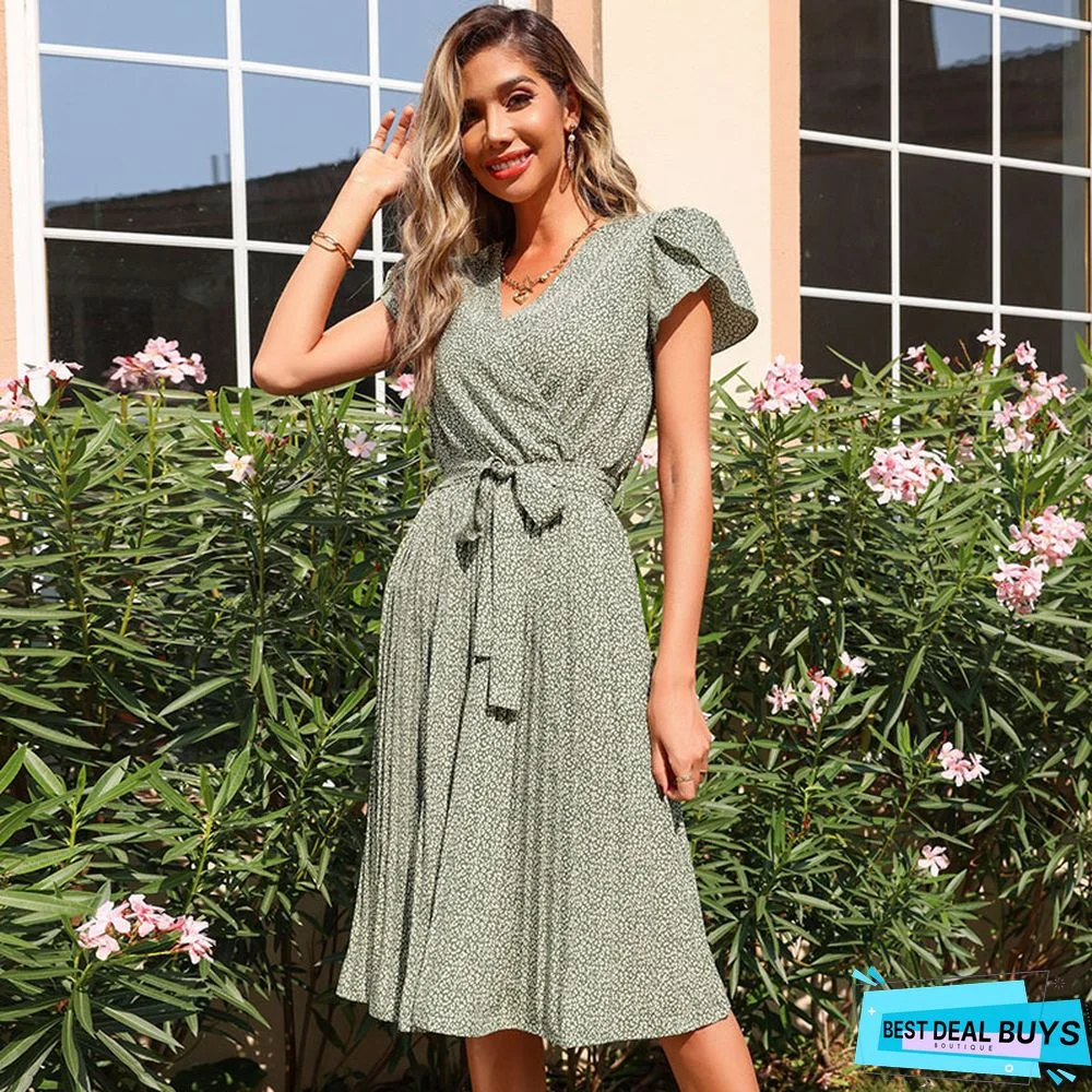 Printed Green Pleated V-Neck Dress