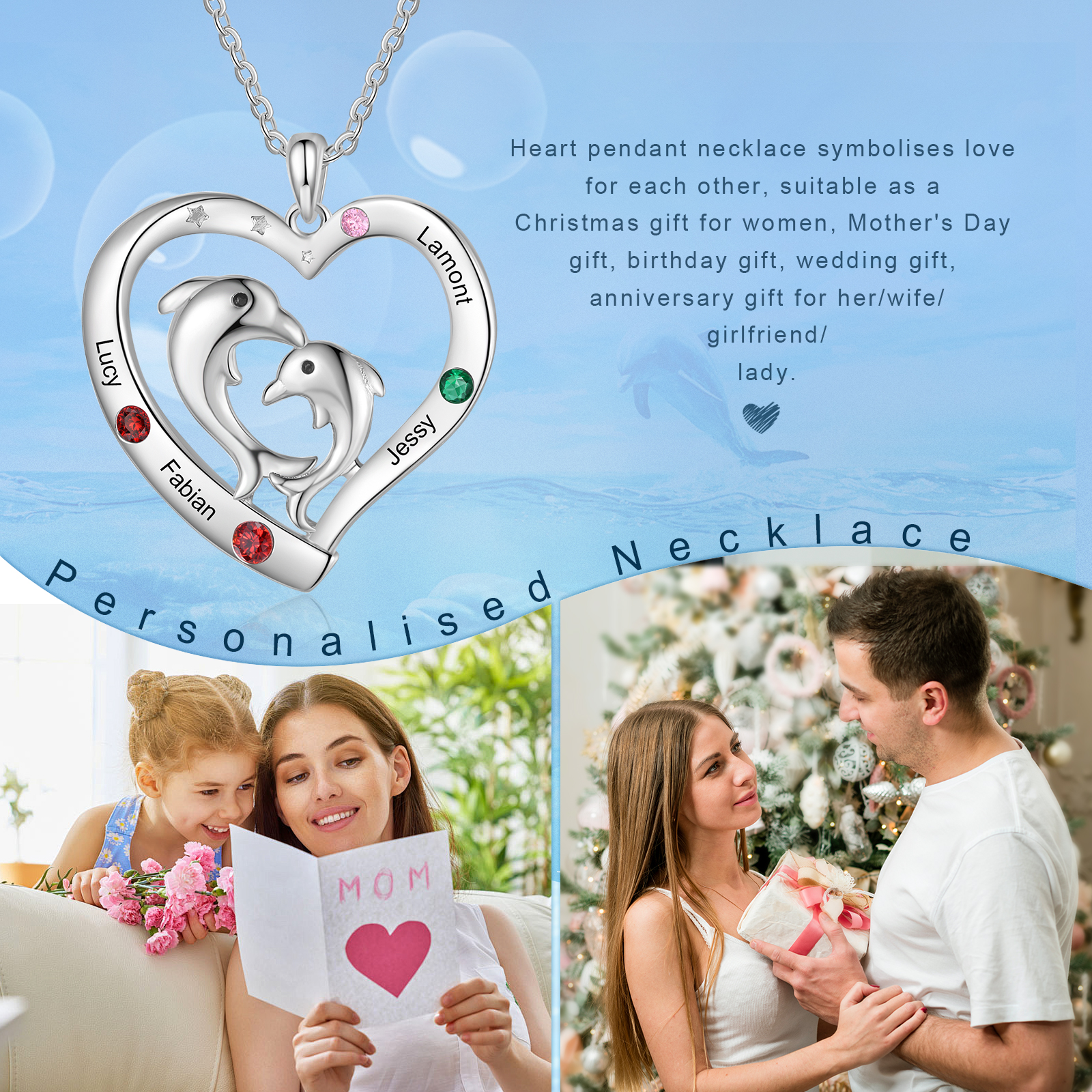 Personalised Heart Dolphin Pendant Necklace Custom 4 Birthstones Engraved 4 Names Necklace Gift for Her-Jessemade AU