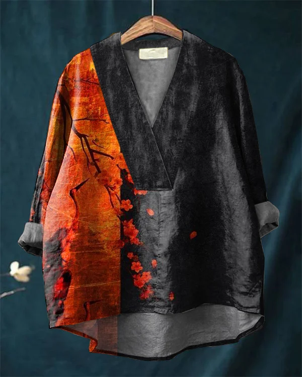 Japanese Classic Falling Flower Print Loose V-Neck Cotton And Linen Shirt