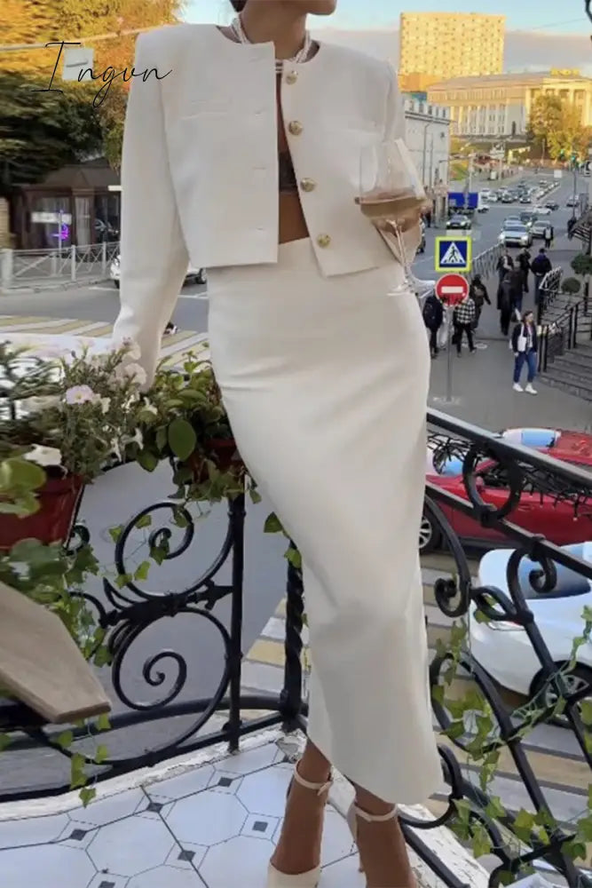 Ingvn - Celebrities Elegant Solid Buckle O Neck Long Sleeve Two Pieces White / S Pieces/Two-Piece