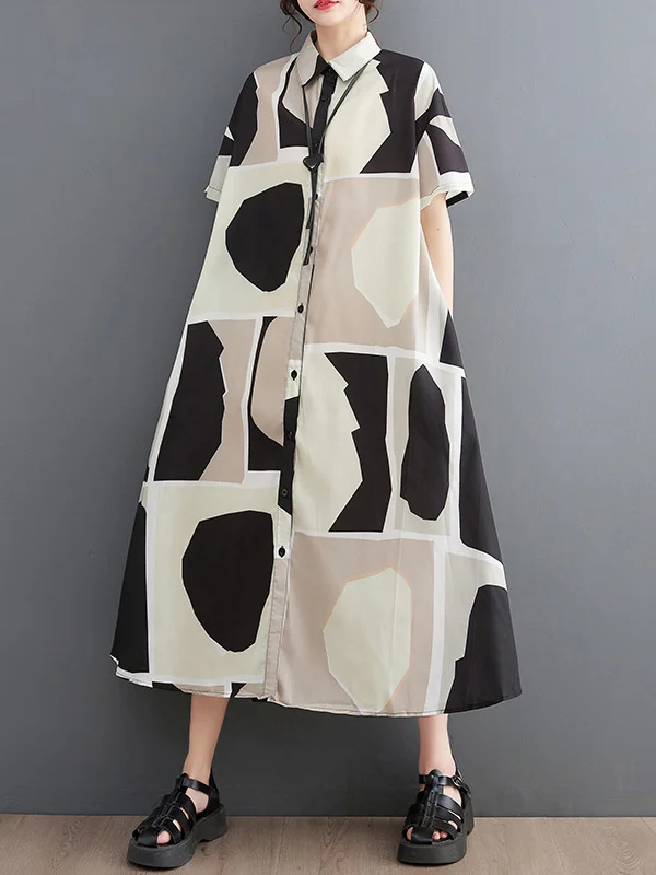 Loose Oversize Color-Block Printed Lapel Midi Dresses Shirt Dress