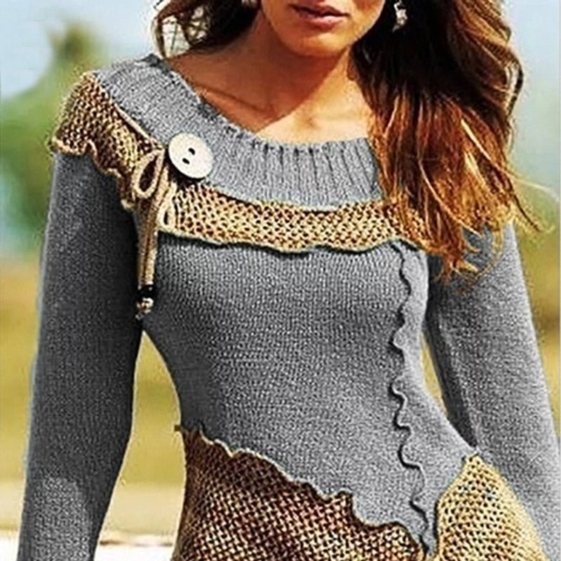 Women Vintage Sweaters New Autumn Winter Plus Size S-XXL Tops Fashion Round Collar Long Sleeve Asymmetrical Sweaters