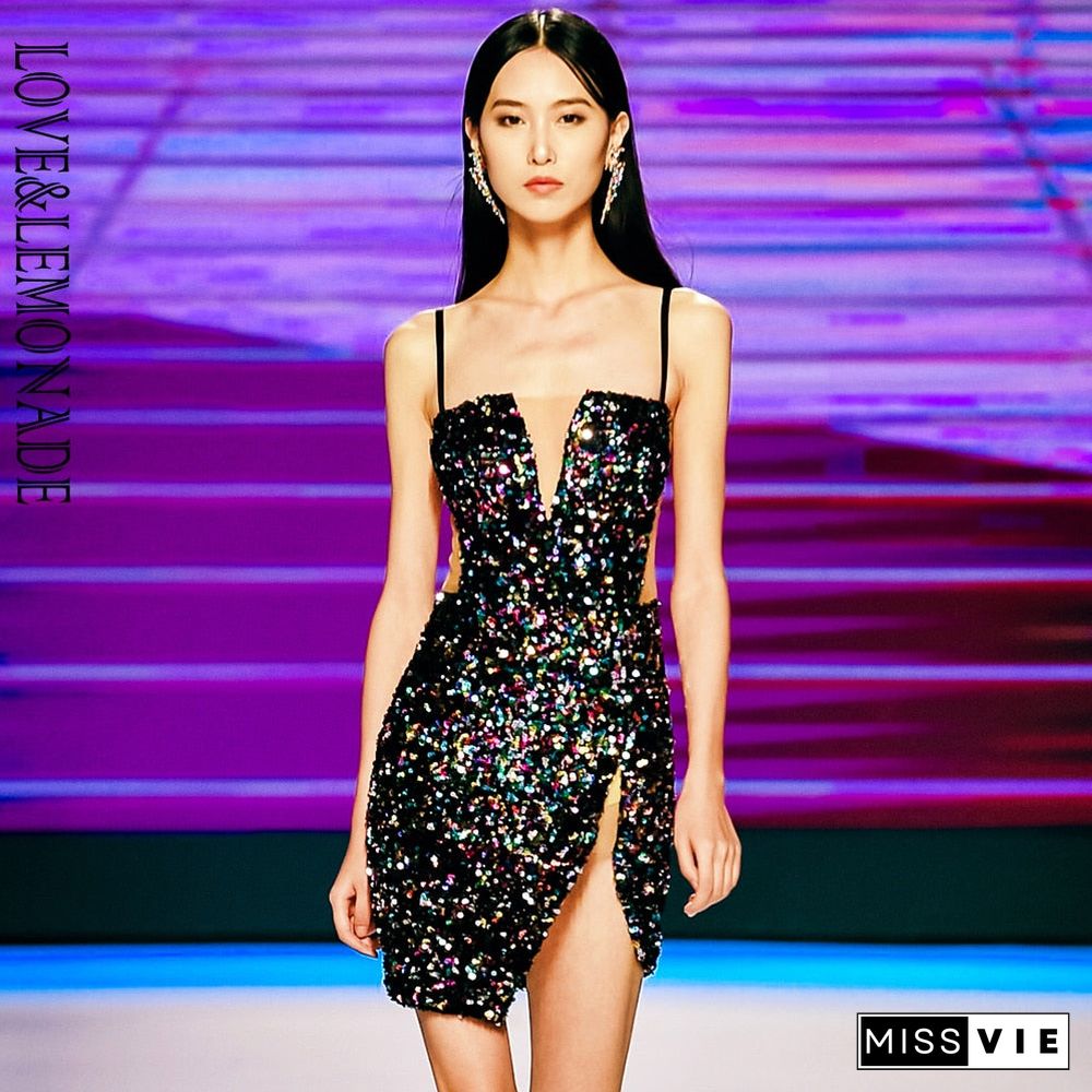 Sexy Tube Top Black Cut Out Stretch Sequin Bodycon Party Mini Dress LM82289