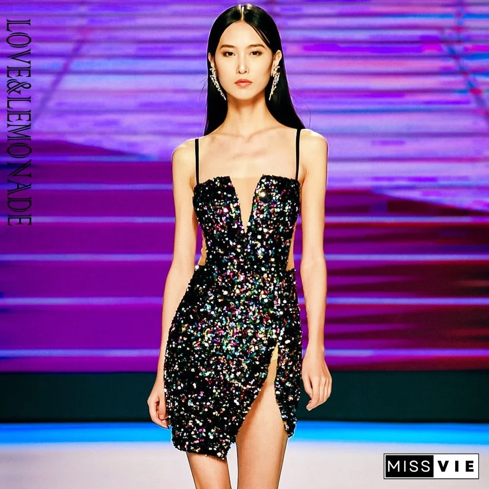 Sexy Tube Top Black Cut Out Stretch Sequin Bodycon Party Mini Dress LM82289
