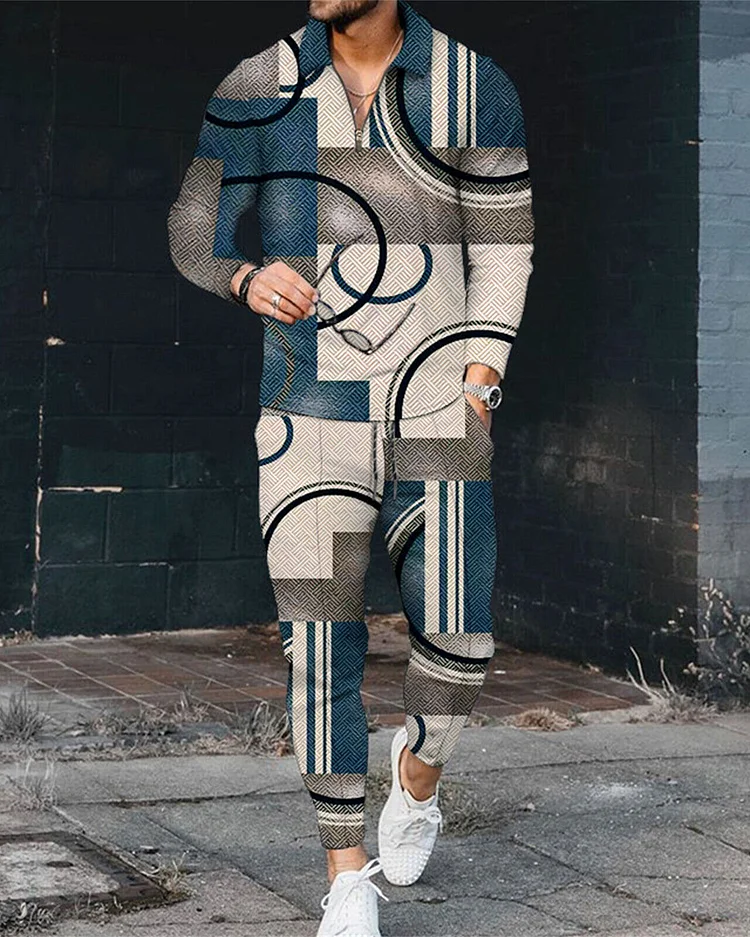 Men's Abstract Geometry Long Sleeve Zipped POLO Trousers Set  0273