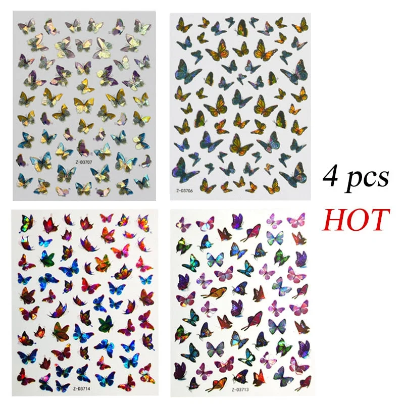 12PCS/3pcs Holographic 3D Butterfly Snake Dragon Love Design Laser Nail Stickers Winter Nail Art Decoration Nail DIY Accessories-Nail Inspo