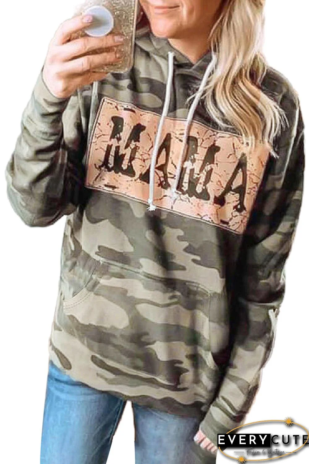 Green Camo Print Letter Drawstring Hoodie with Pocket