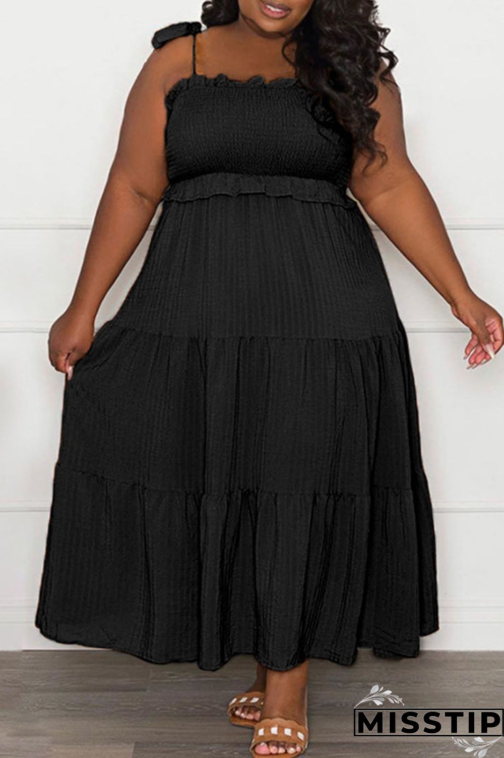 Black Casual Sweet Solid Bandage Patchwork Fold Spaghetti Strap Sling Dress Plus Size Dresses