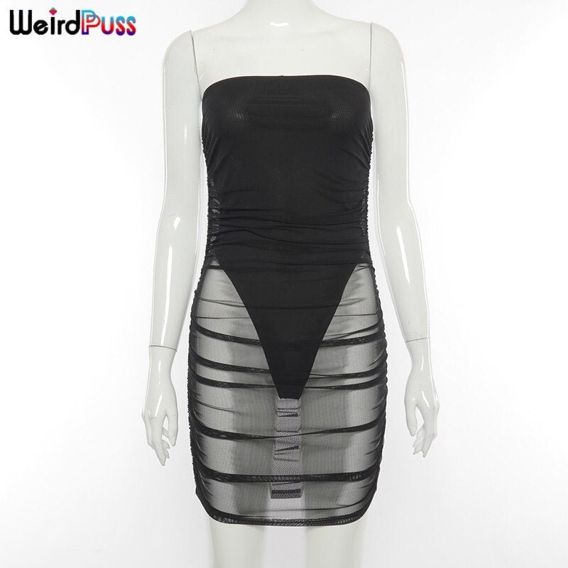 Weird Puss Y2K Summer Dress White Sexy Women Double Layer Mesh Mini Bodycon Strapless Club Fashion Streetwear Chic Basic Outfits