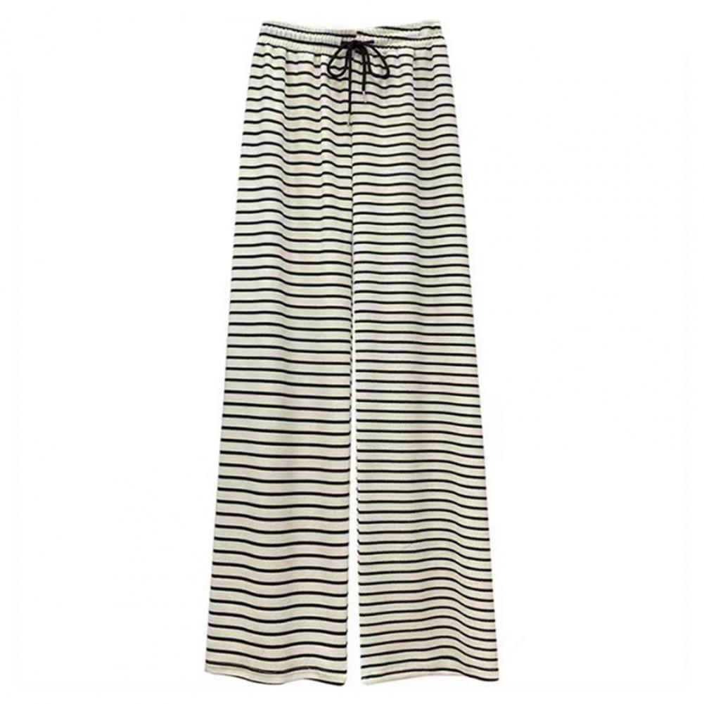 Ragparams Women Casual Pants Black White Stripes Print Pants Elastic Drawstring Waist Wide Leg Long Trousers Streetwear