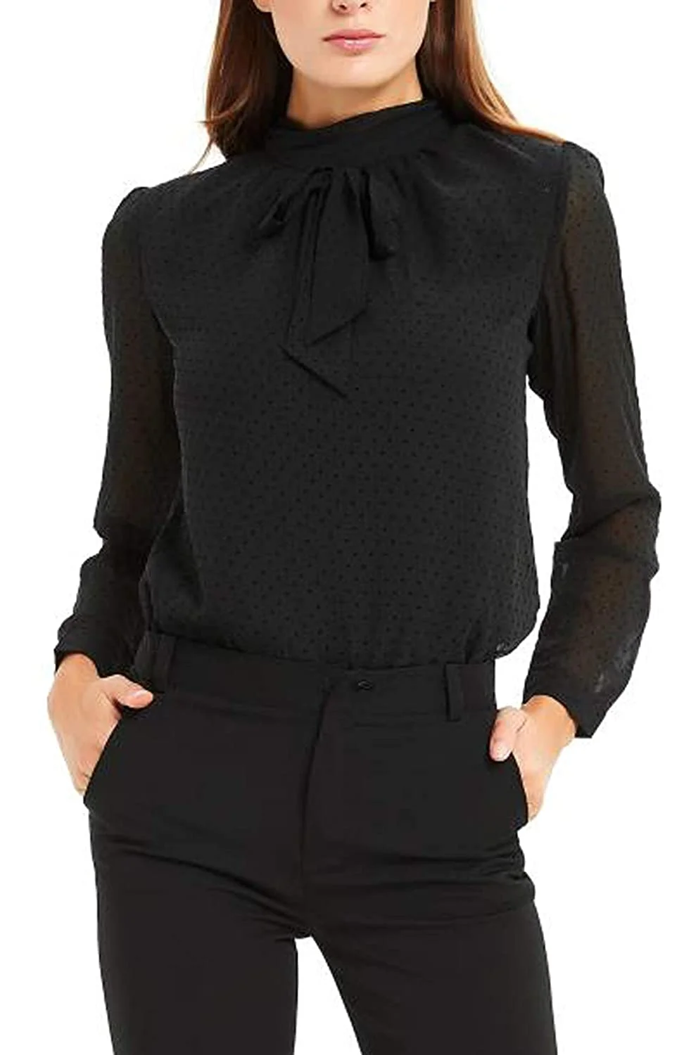 Womens Bow Tie Neck Long/Short Sleeve Blouse Office Work Chiffon Elegant Casual Shirt Tops