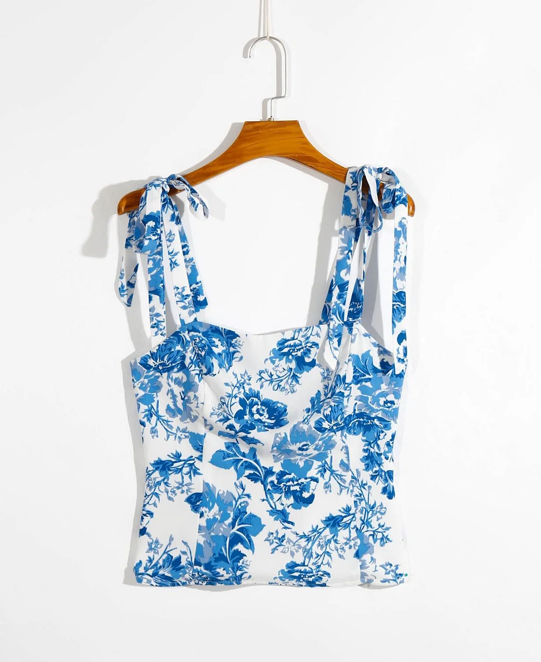 2020 Tie Bow Strap Blue White Floral Print Camis Women Summer Ruched Short Tank Tops Retro Cool Girl Sexy Slim Crop Top Tees