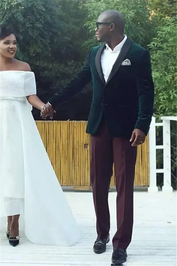Bellasprom Dark Green Velvet Shawl Lapel Wedding Suits for Men