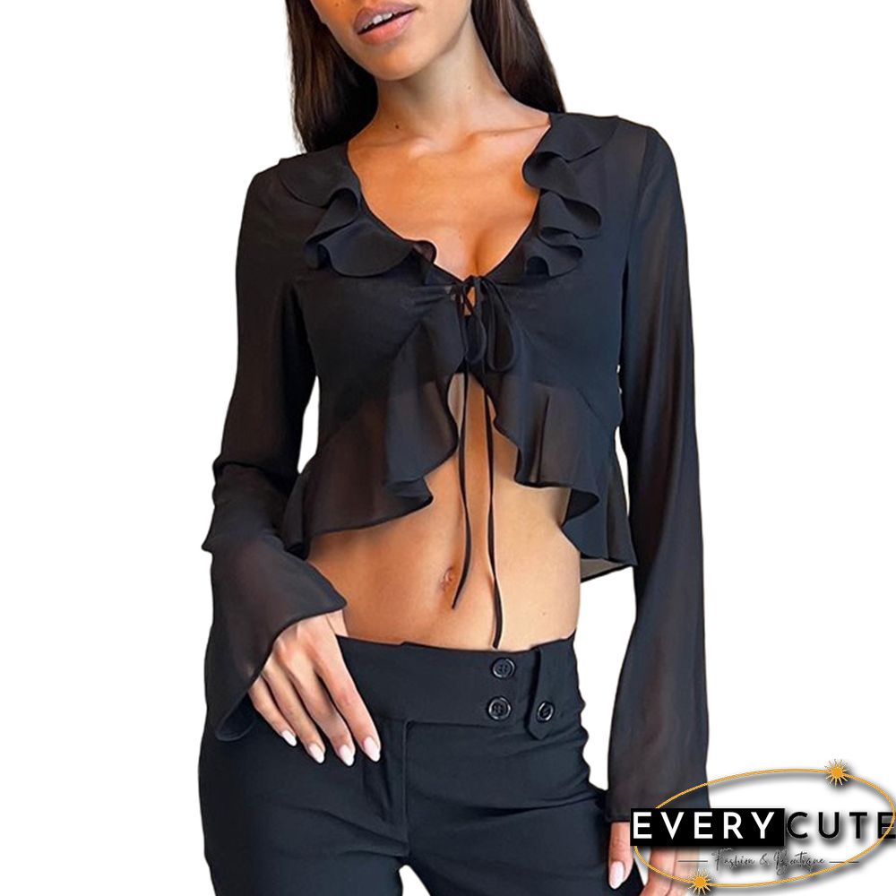 Black Ruffle V Neck Lace-up Long Sleeve Crop Tops