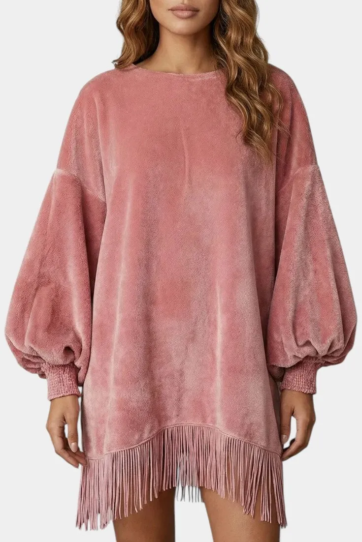 Velvet Fringe Dress with Puff Sleeves