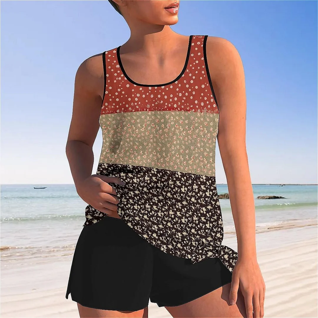 Bowknot Floral,Polka Dot,Red,Light Coffe,Navy,Stitch Mid Waisted Tankini Set - Plus Size Available