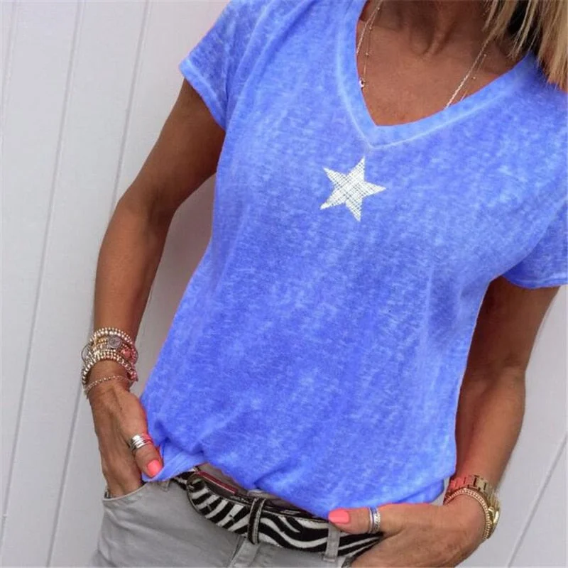 Women Short Sleeve Female 2021 Summer V Neck Tops Casual T Shirts Basic Tops Pentagram Bamboo Fiber Women's Tees Plus Size 5XL