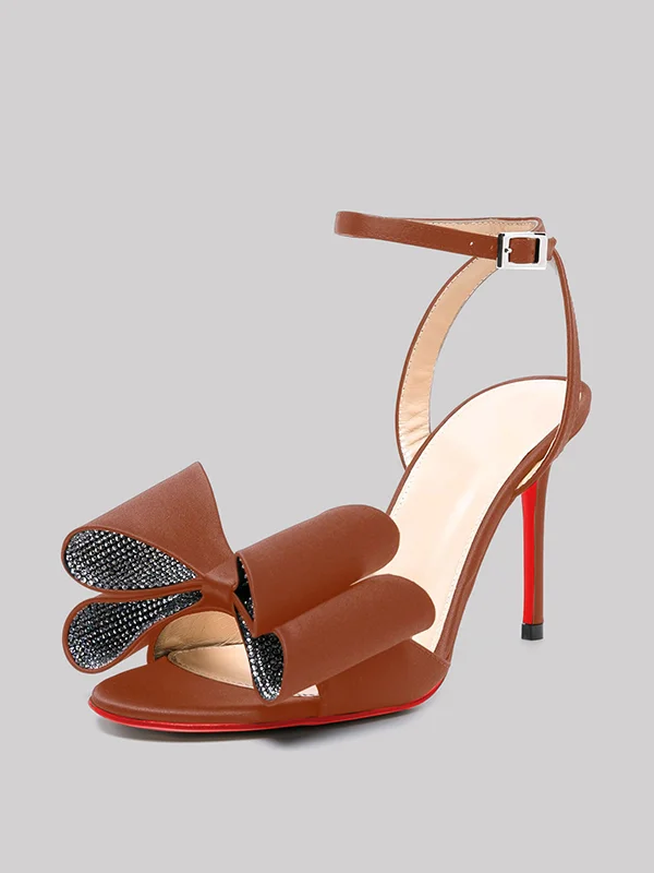 100mm  Women's Sexy Red Sole Open Toe Slingback Sandals Diamond Bow Buckle Sardin Fabric Stilettos Dress Pumps