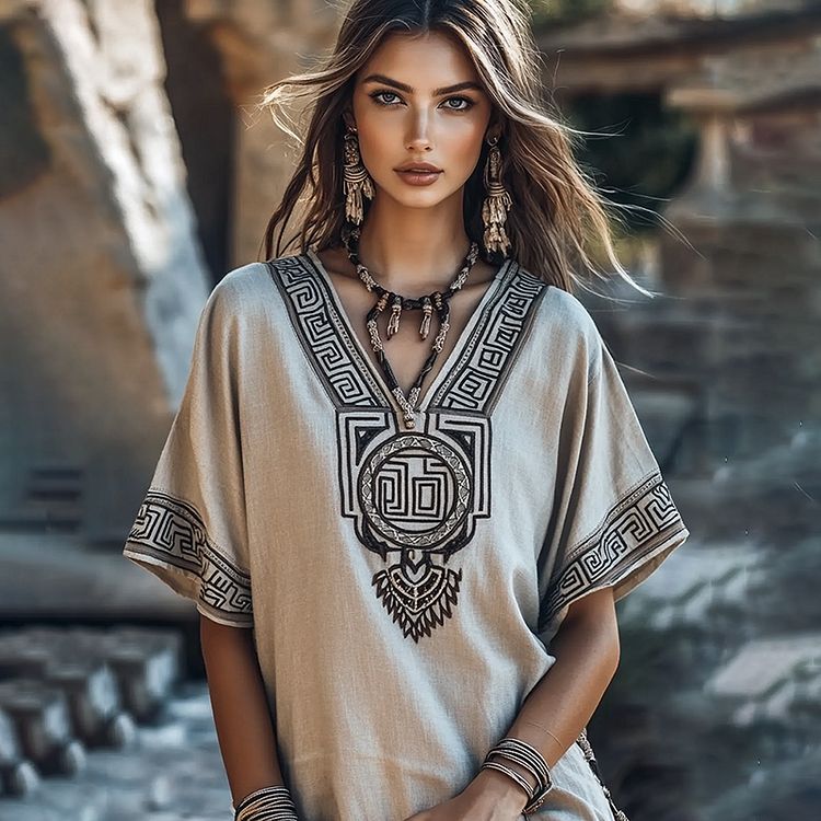 Vintage Greek Key V Neck Cotton Linen Contrast Shirt