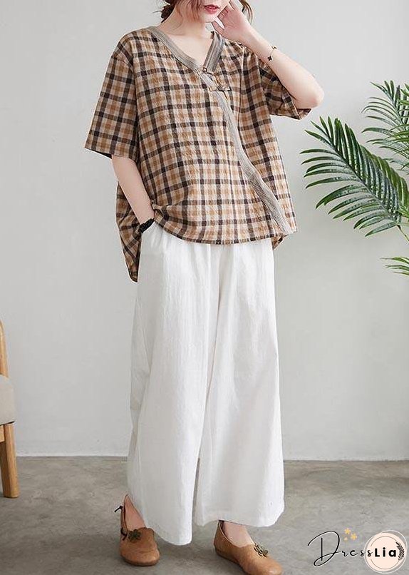 Natural Orange Plaid Oriental Cotton Linen Summer Shirt Tops