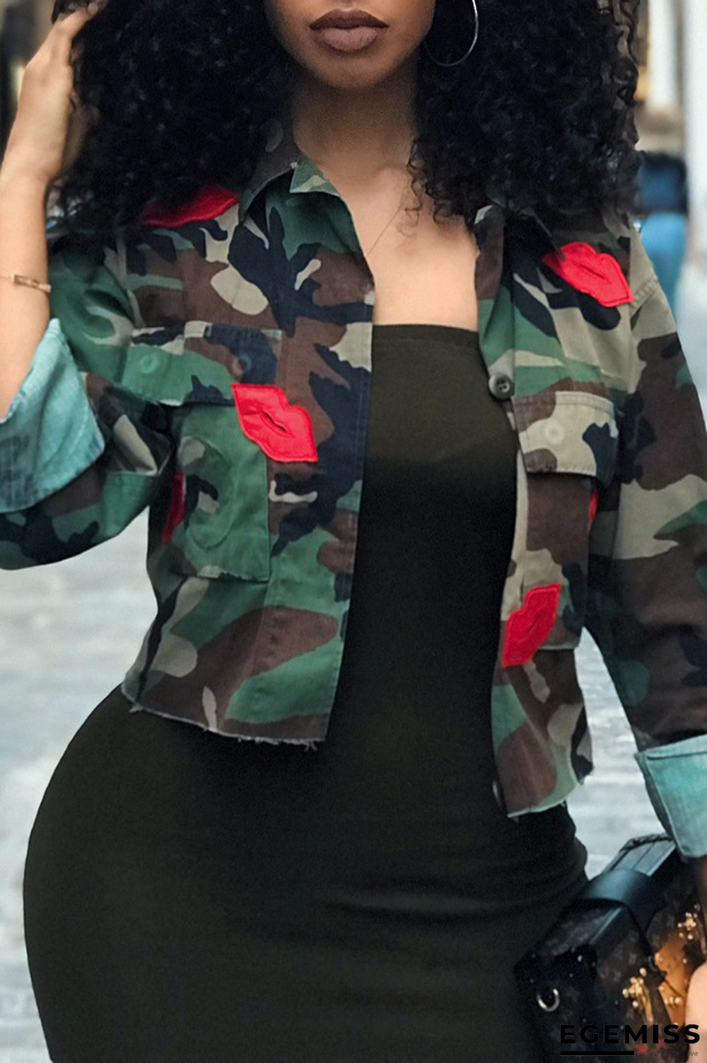 Green Fashion Camouflage Print Patchwork Turndown Collar Outerwear | EGEMISS