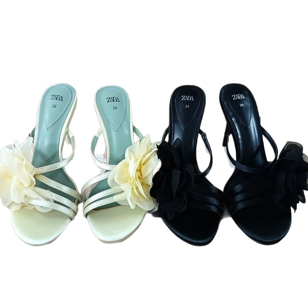 Breakj Breakj Home 2025 Summer New Black Fairy Wind Flowers Toe French Temperament High-Heeled Sandals Woman