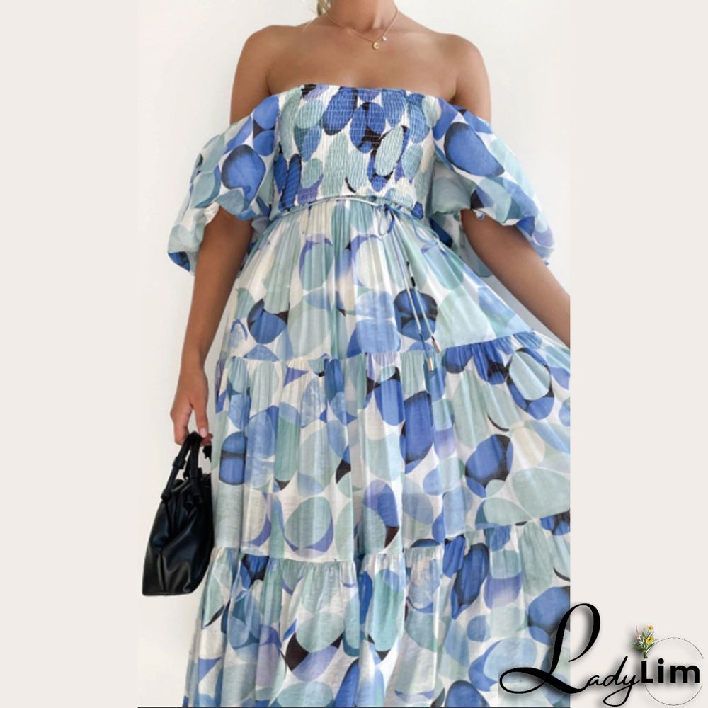 Women Boho Print Off Shoulder Holidays Oversized Dress