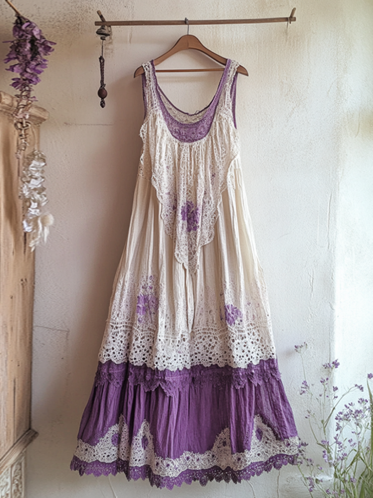 Boho Gradient Lavender Embroidered Pattern Lace Linen Dress