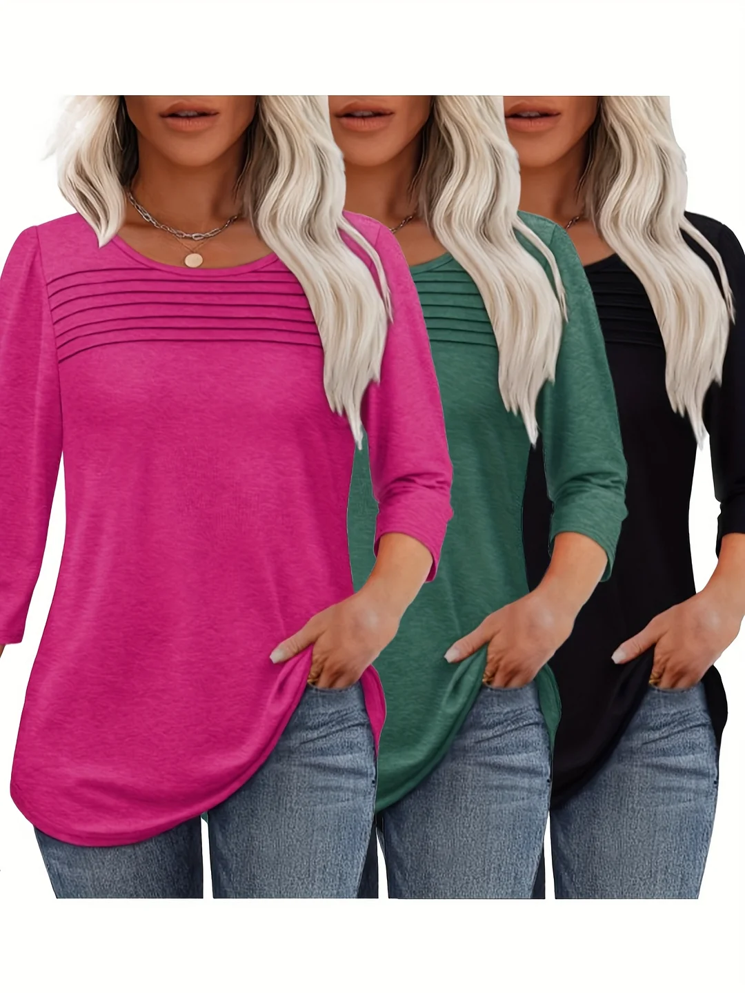 3pcs Women's Spring/Summer Casual Blouses, 3/4 Sleeve Round Neck Ruched Shirts, Fashionable Four-Pointed Sleeve Tops In Solid Colors, All-Season Wear | IFYHOME