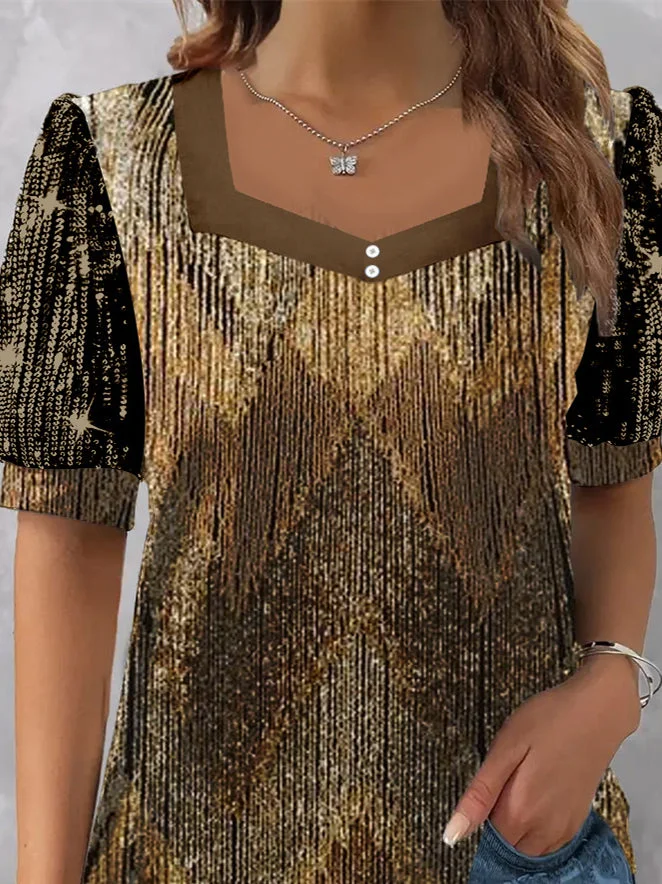 Women's Short Sleeve V-neck Graphic Printed Sequins Stitching Top