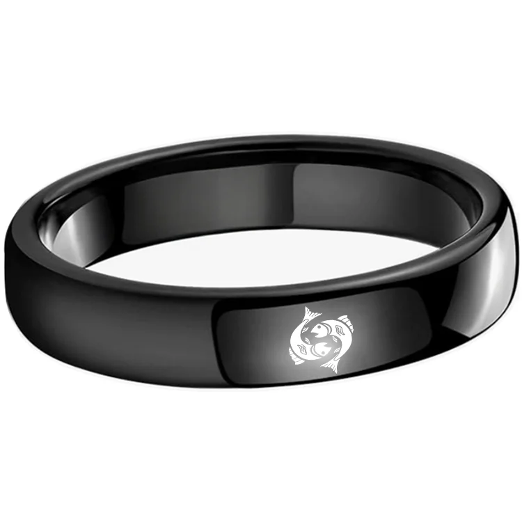 4MM 6MM 8MM Black Pisces Tungsten Carbide Rings Prints Laser Design Domed Top Tungsten Wedding Band