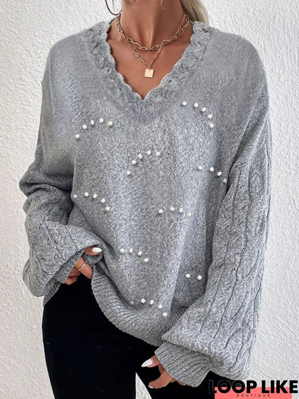 Wool/Knitting V-neck Pearl Tunic Sweater Knit Jumper