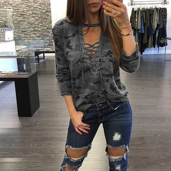 THLOVES Women's Fashion Straps Low-Cut Print Pullover Long Sleeved Camo T-shirts wclC16122300052A50 - Shop Trendy Women's Fashion | TeeYours