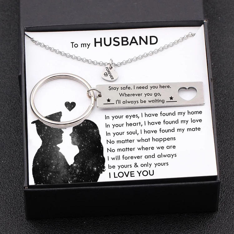 Wherever You Go, I'll Always Be Waiting, Heart Necklace & Keychain Gift Set Gifts For Husband