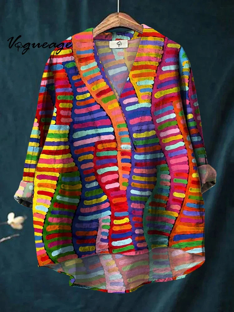 Fashion Design Colorful Line Stitching Printed Cotton And Linen Shirt