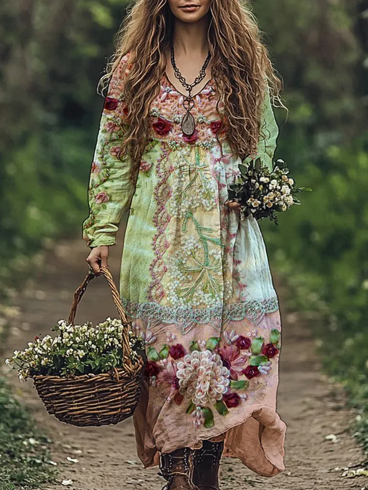 Spring Floral Embroidery Women's Linen Maxi Dress