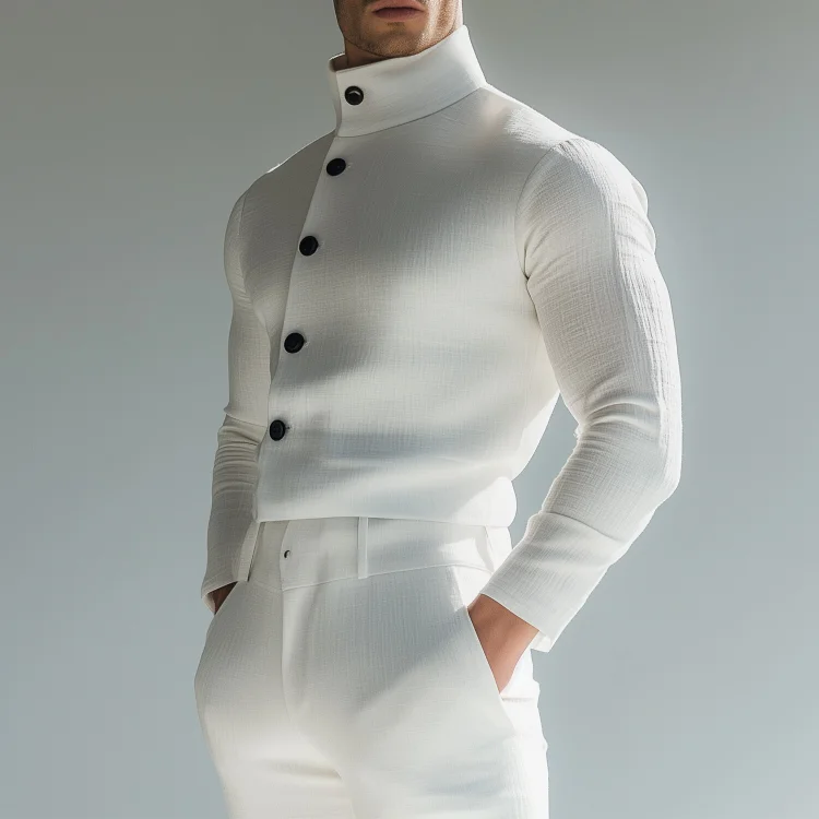 Okaywear Linen High Neck Single Breasted Long Sleeve Shirt Okaywear