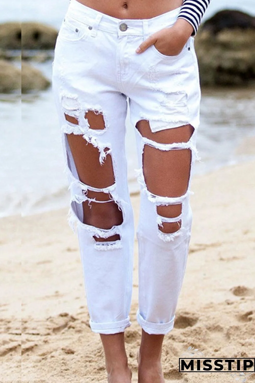White Chic Broken Holes Denim Pants