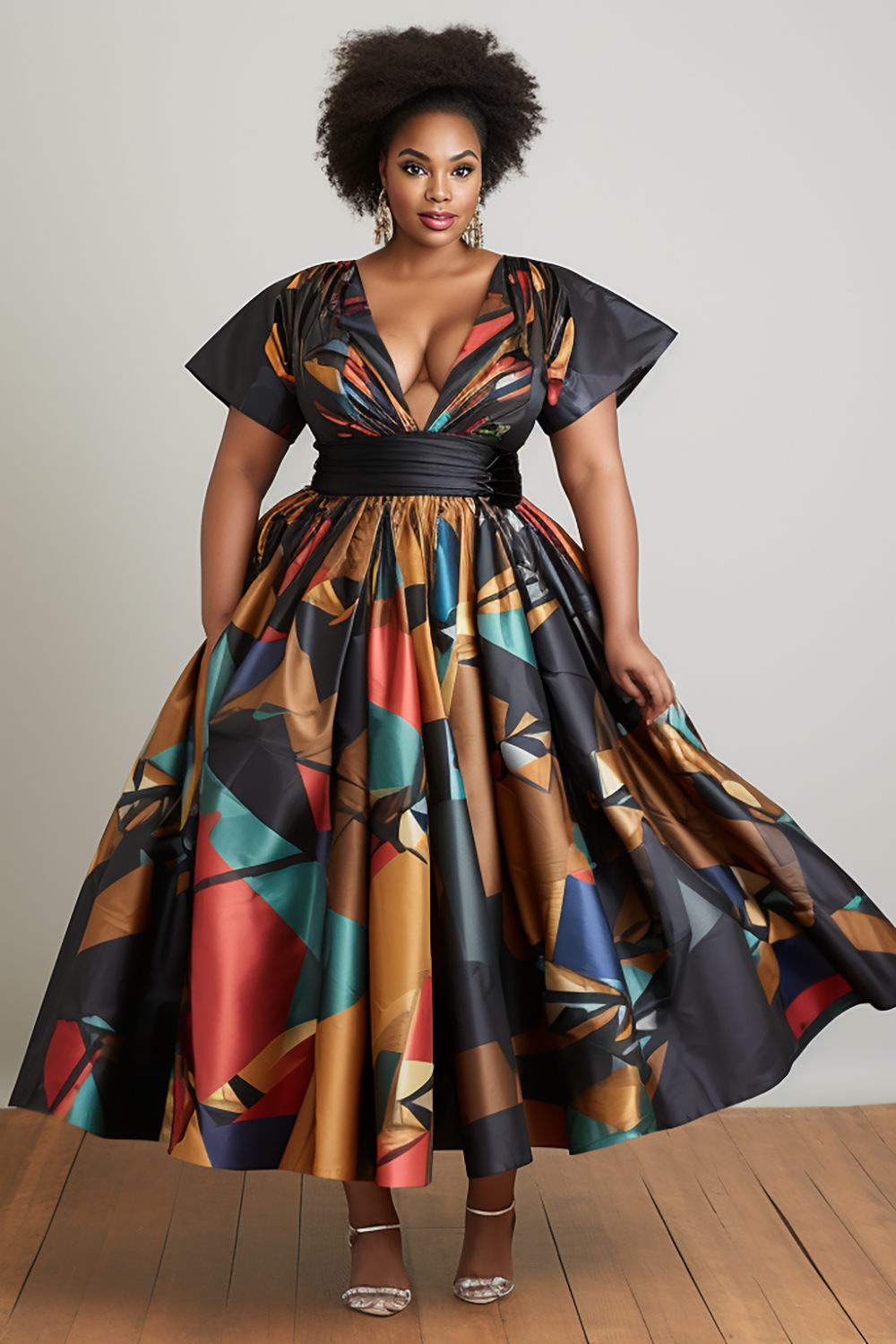Design Plus Size Daily Midi Dresses Elegant Black Ankara Spring Summer V Neck Short Sleeve Pocket Satin African Midi Dresses [Pre-Order]