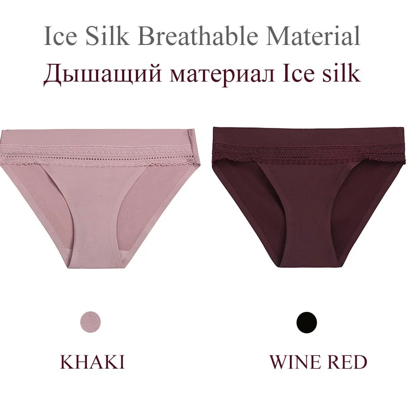 FINETOO 2PCS/Set Woman Lace Sexy Panties Ice Silk Women Underwear Seamless Low-Rise Lingerie Female Breathable Girls Panty 2021