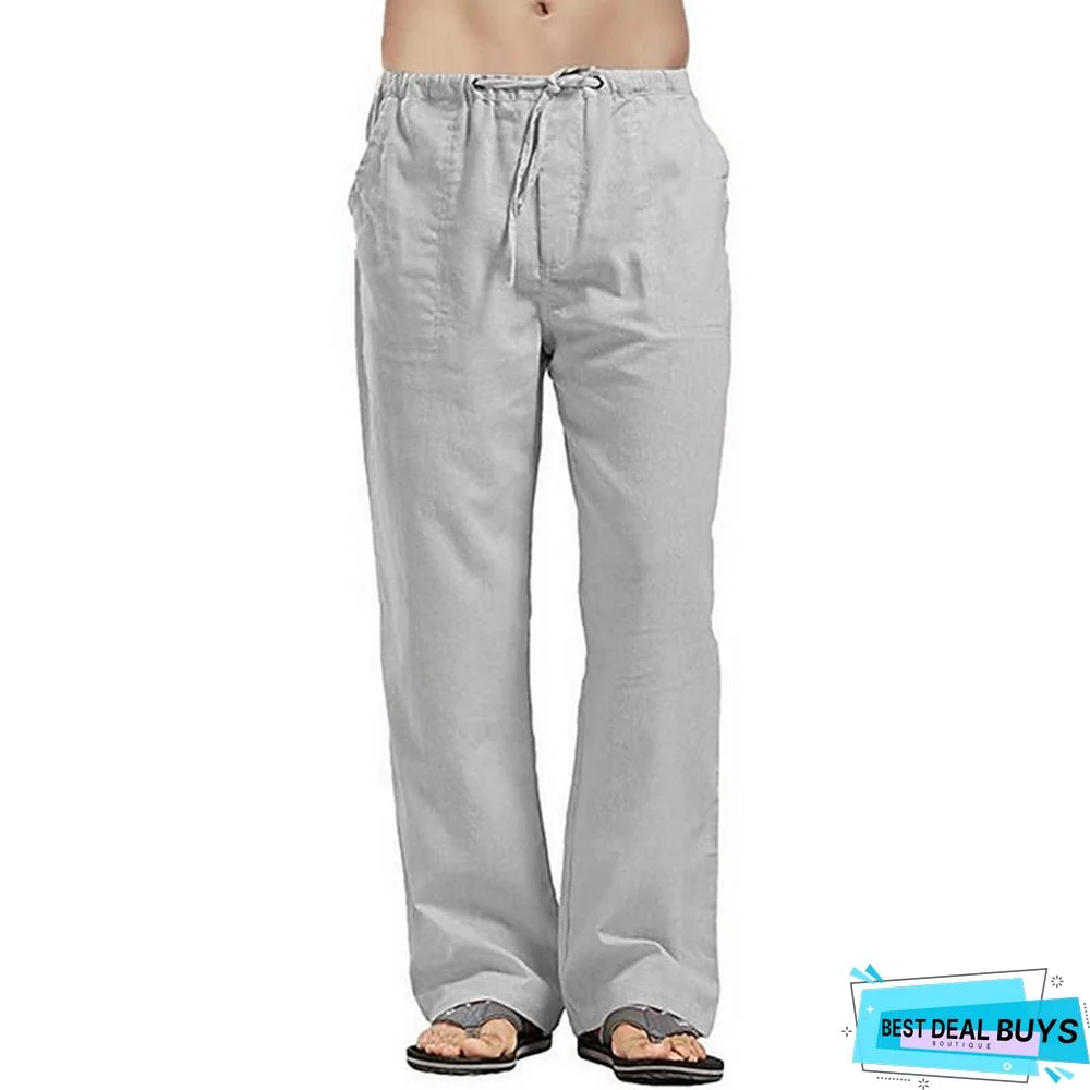 Men's Linen Pants Trousers Summer Pants Beach Pants Wide Leg Plain Breathable Full Length Work Daily Beach Linen / Cotton Blend Fashion Casual Loose Fit Black White