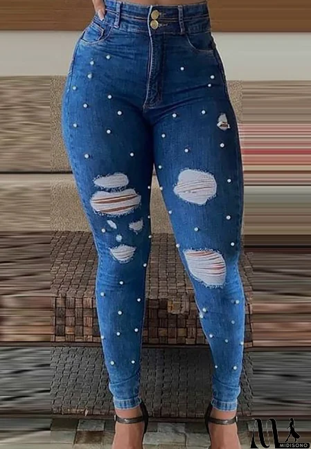 MidiSono - Blue Shredded Bubble Beading Skinny Jeans