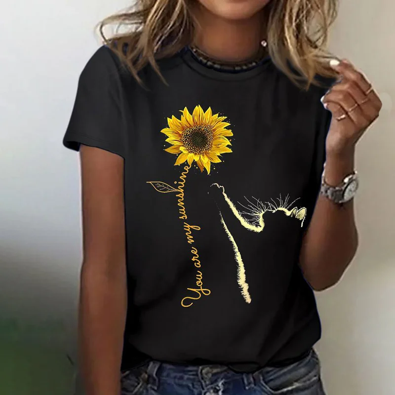 Sunflower And Cat Print Casual T-Shirt