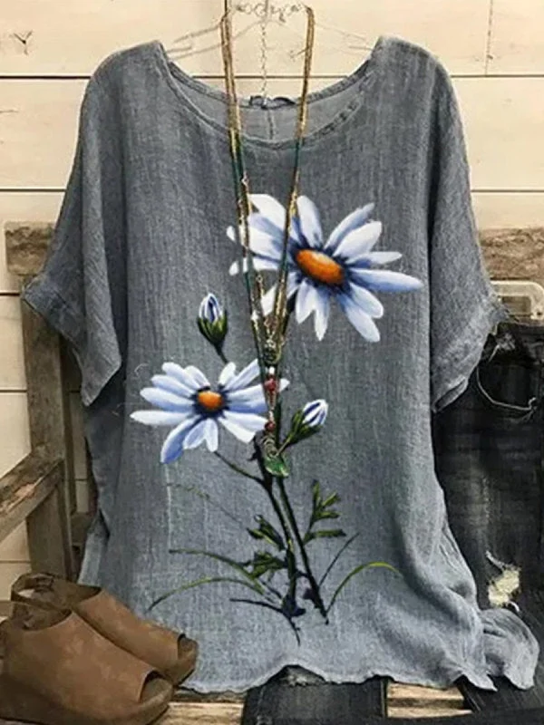 Round Neck Floral Print Casual Loose Short Sleeve Blouse