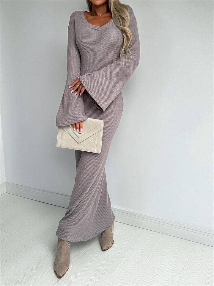 Autumn and Winter New Knitted V-neck Long-sleeved Temperament Elegant Dress Long Elegant Style Women's