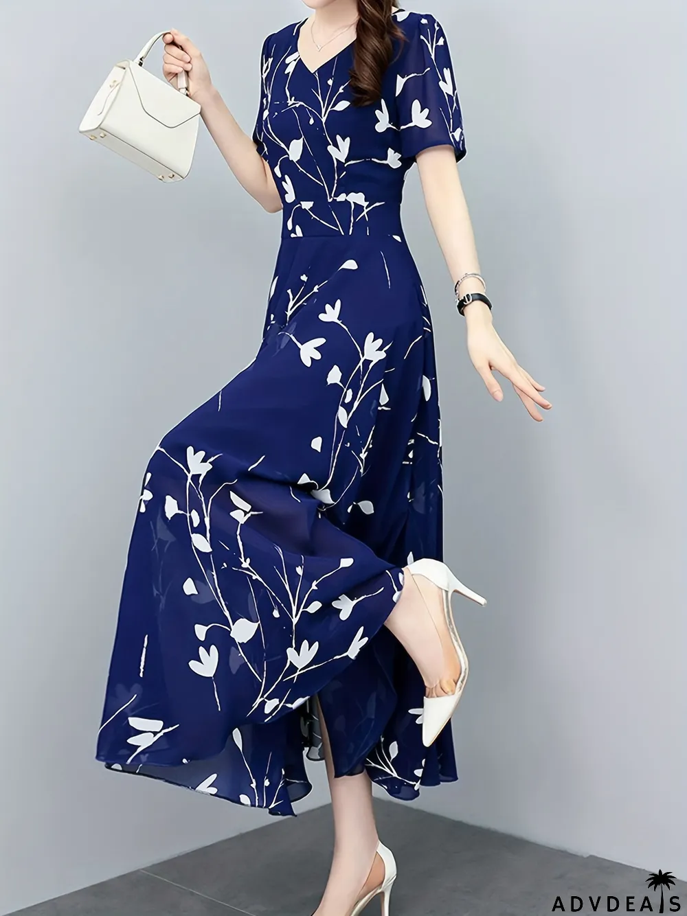 Floral Print Pleated Dress, Casual High Waist Short Sleeve V Neck Maxi Dress, Women's Clothing
