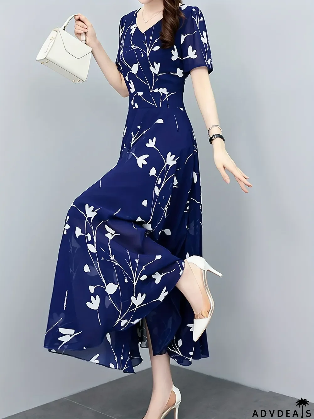 Floral Print Pleated Dress, Casual High Waist Short Sleeve V Neck Maxi Dress, Women's Clothing