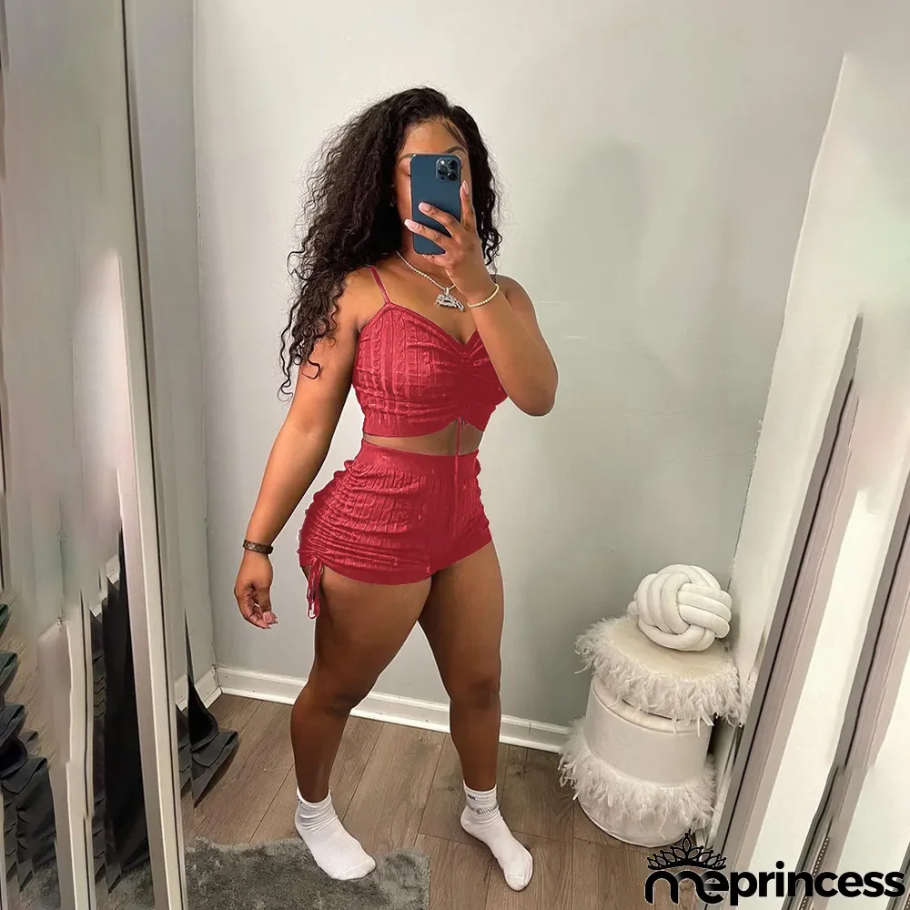 Solid Drawstring Two Piece Short Sets