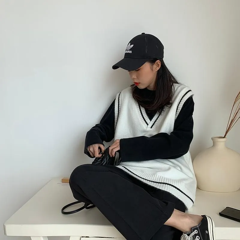 Vangull Women Vest Simple All-match Patchwork Korean Style V-neck Knitted Sweater Leisure Student Sleeveless Female Vintage Vest 1026-1