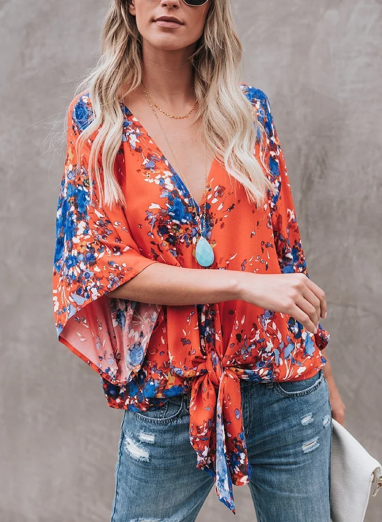 Red Chiffon Floral Print V Neck Half Bow Tie Loose Blouse-elleschic
